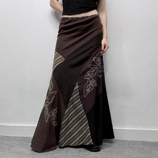 Brown pinstripe patchwork asymmetric skirt