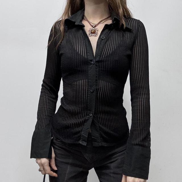 Black textured pinstripe sheer flared shirt