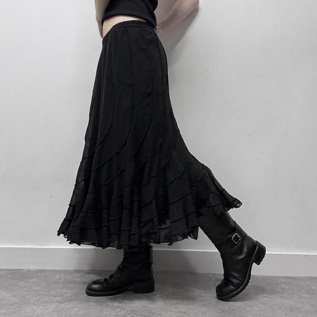 Black layered ruffle gothic midi skirt