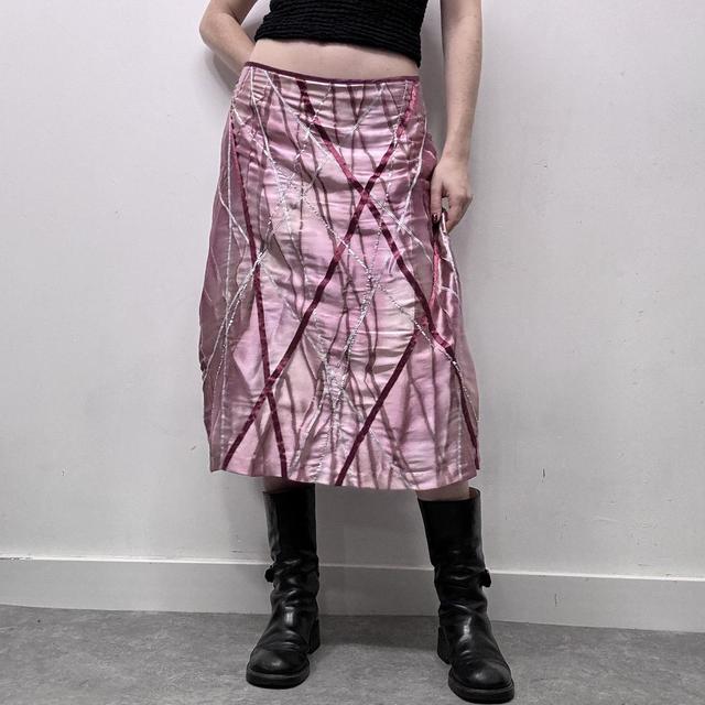 Pink satin ribbon embeslished midi skirt
