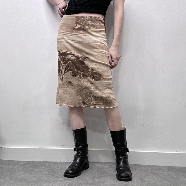 Brown graphic printed mesh midi skirt
