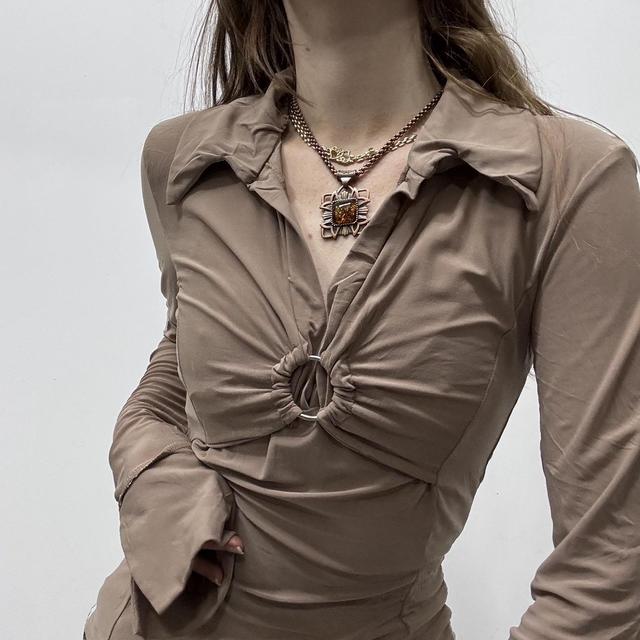 Tan fitted flare gathered shirt
