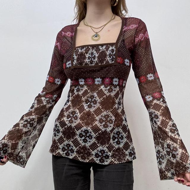 Graphic printed y2k flared mesh shirt