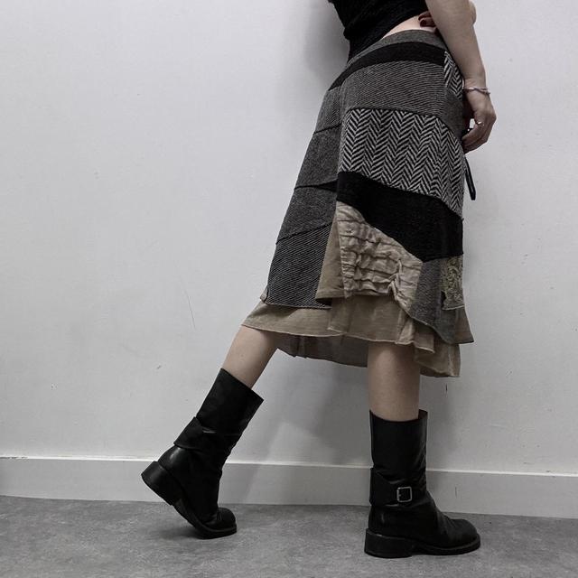 Tweed lace layered patchwork midi skirt