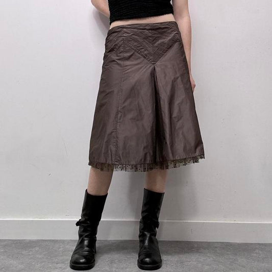 Brown satin mesh midi skirt