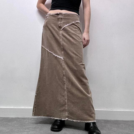 Tan cord distressed maxi skirt