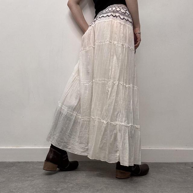 White cotton tiered embroidered maxi skirt