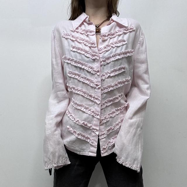 Pink flared distressed ruffle shirt