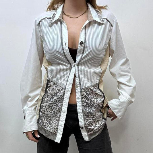 Pinstripe leopard patchwork shirt