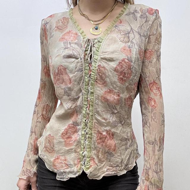 Sheer crinkle floral lace up fairy shirt