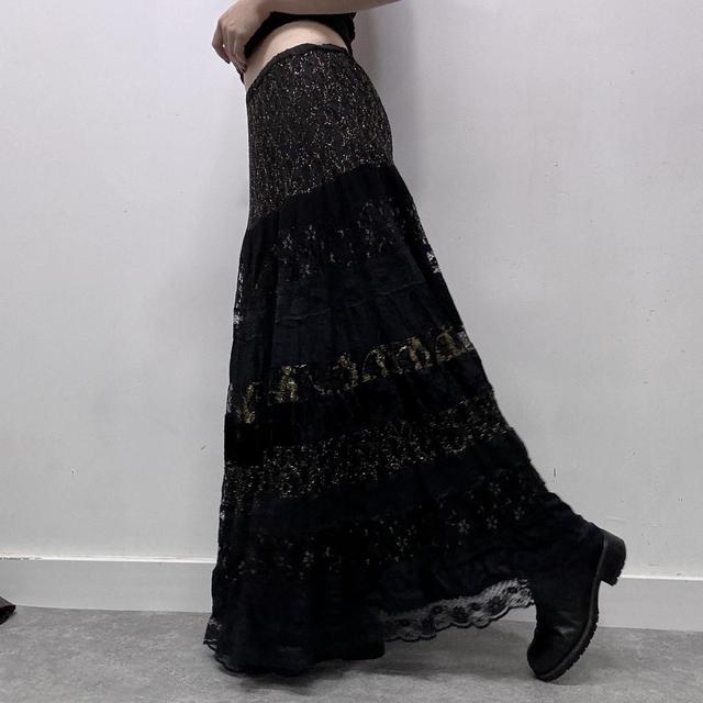 Black layered lace maxi skirt