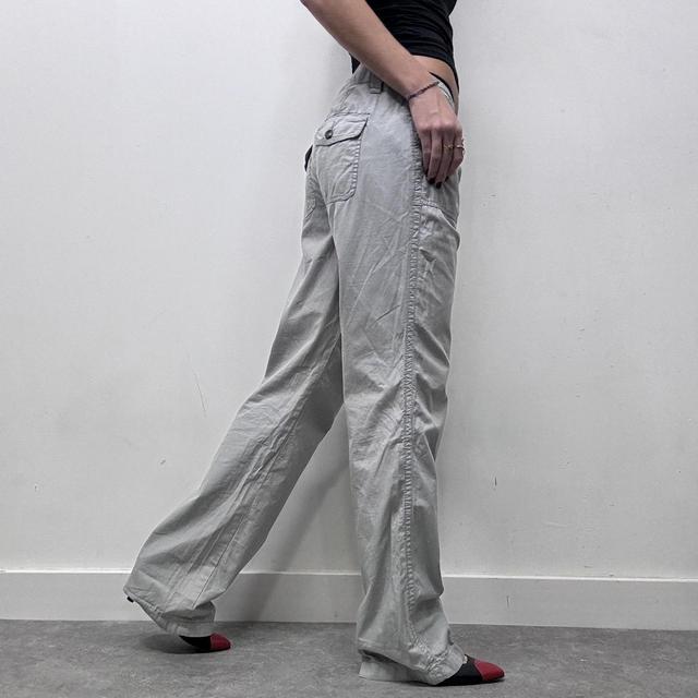 Grey pinstripe wide leg flared drawstring cargo pants
