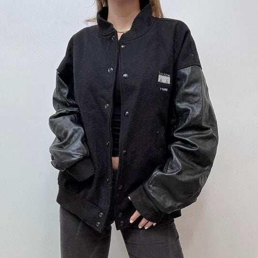 Black leather varisty bomber jacket