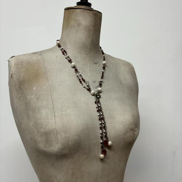Layered chain pearl charm necklace