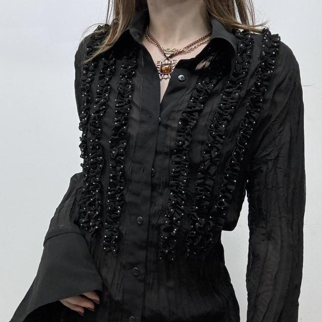 Sheer crinkle flared black gothic shirt