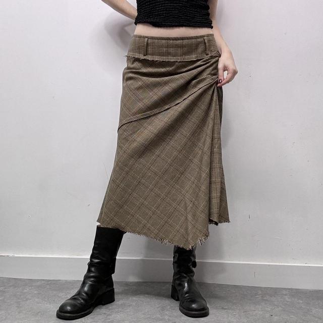 Khaki checked tartan patchwork midi skirt