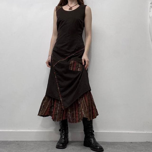 Brown pinstripe asymmetric maxi dress