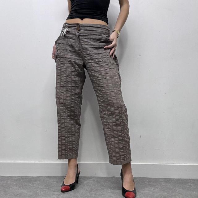 Brown pinstripe textured cropped capri pants