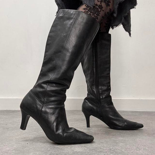 Black leather heel boots