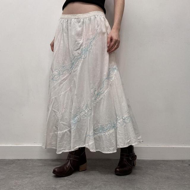 White cotton embroidered flared maxi skirt