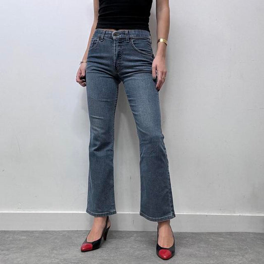Distressed flared denim bootcut jeans