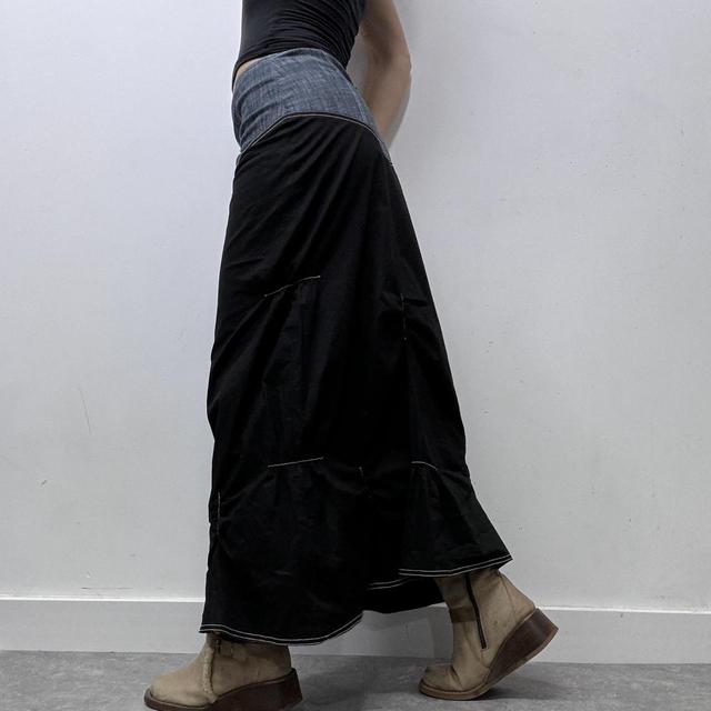 Denim panelled ruched maxi skirt