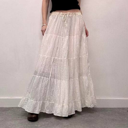 Crinkle layered white cotton maxi skirt