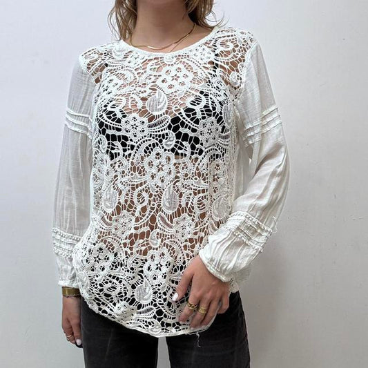 Sheer white crochet lace blouse