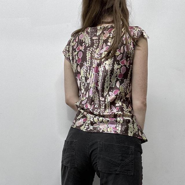 Brown floral printed silk fairy top