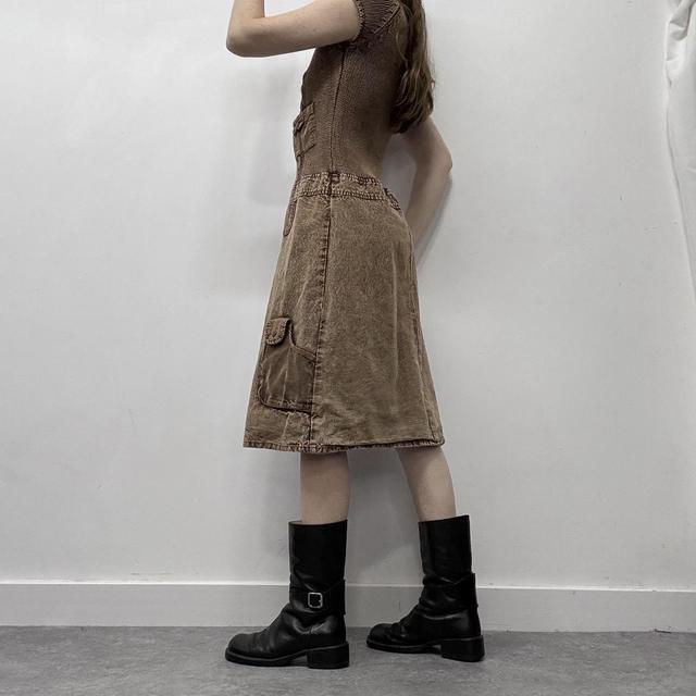 Brown distressed cable knit cargo denim dress