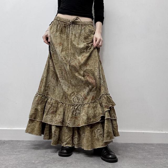Corduroy flared ruffle paisley maxi skirt