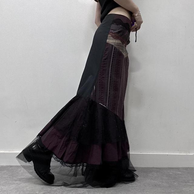 Grunge layered patchwork pinstripe maxi skirt