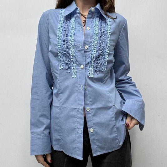 Blue pinstripe ruffle shirt