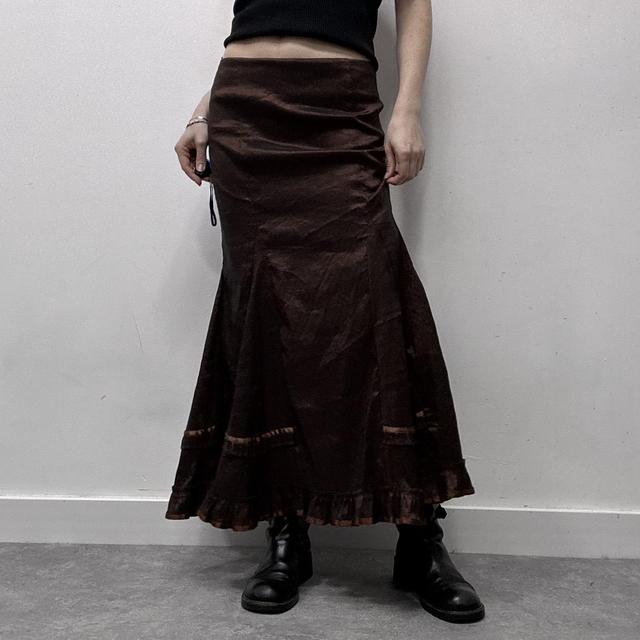 Brown satin flared maxi skirt