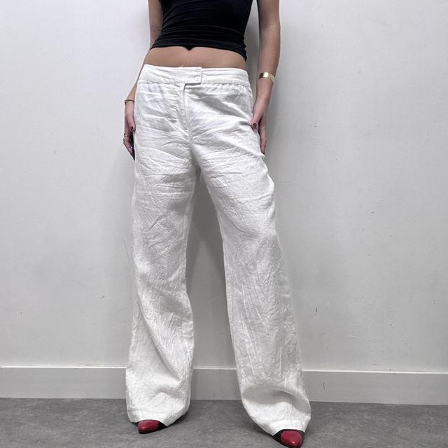 White linen flared wide leg trousers