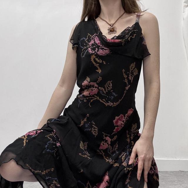 Black silk graphic floral dress