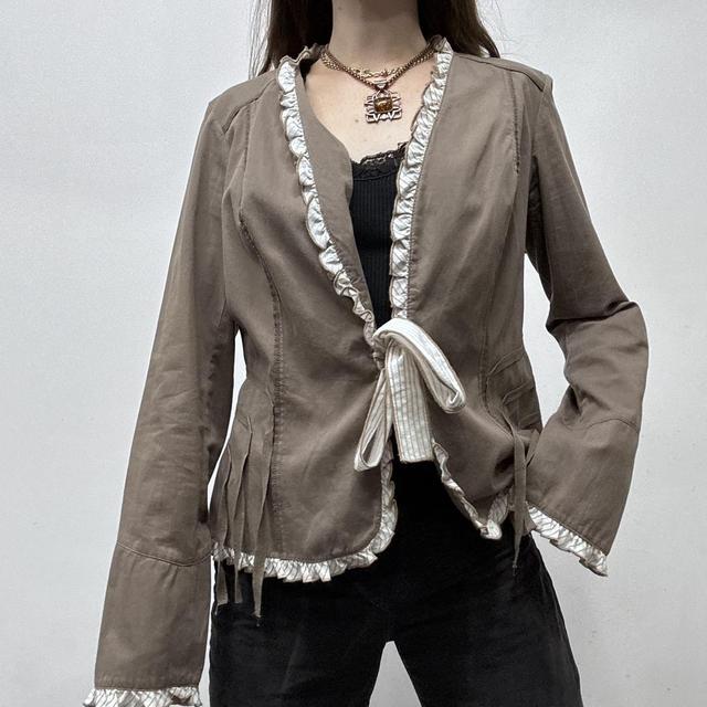 Brown pinstripe bow shirt