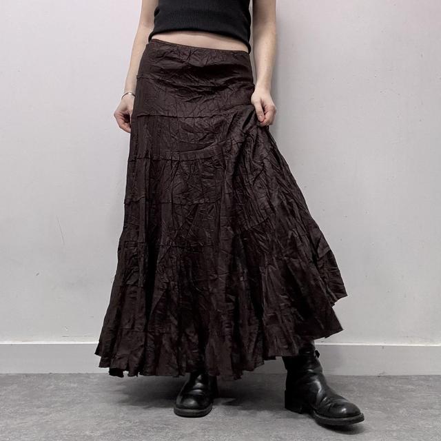 Brown satin flared maxi skirt