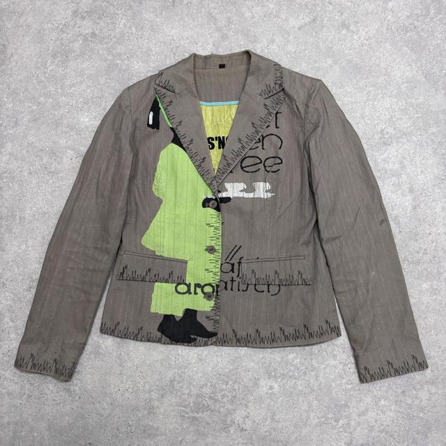Khaki pinstripe graphic printed blazer jacket
