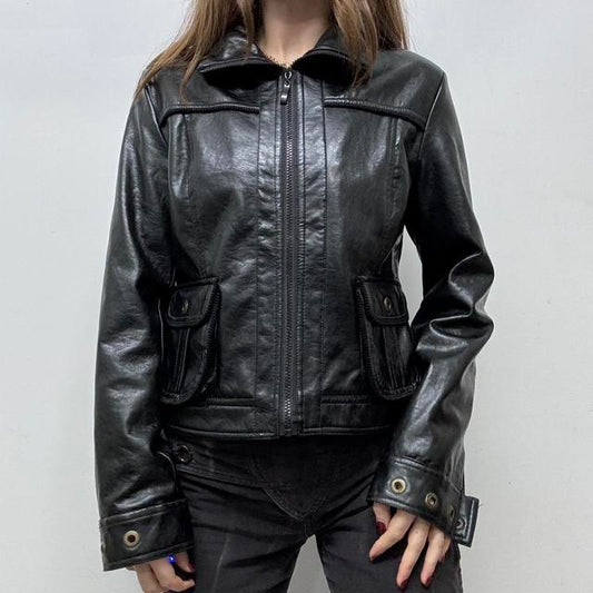 Black leather cropped boxy jacket
