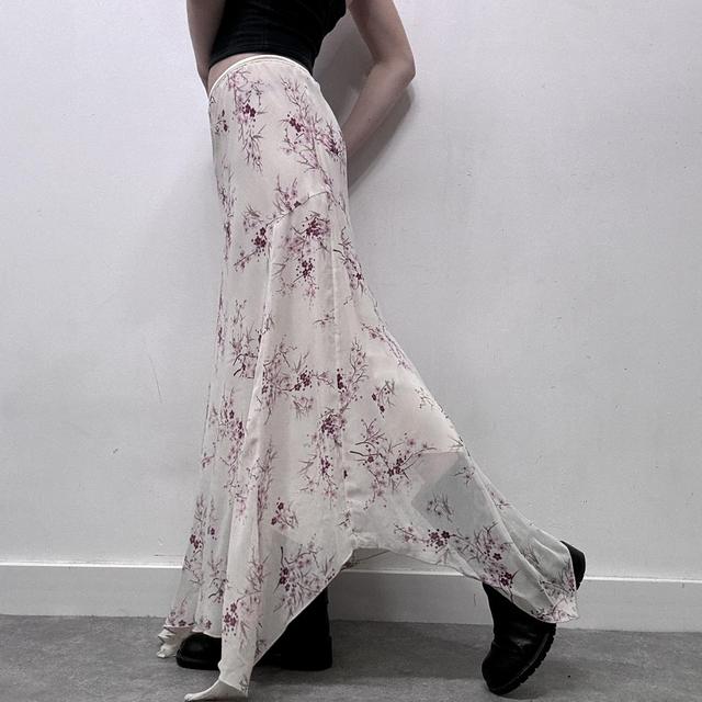 Sheer cream floral asymmetric maxi skirt