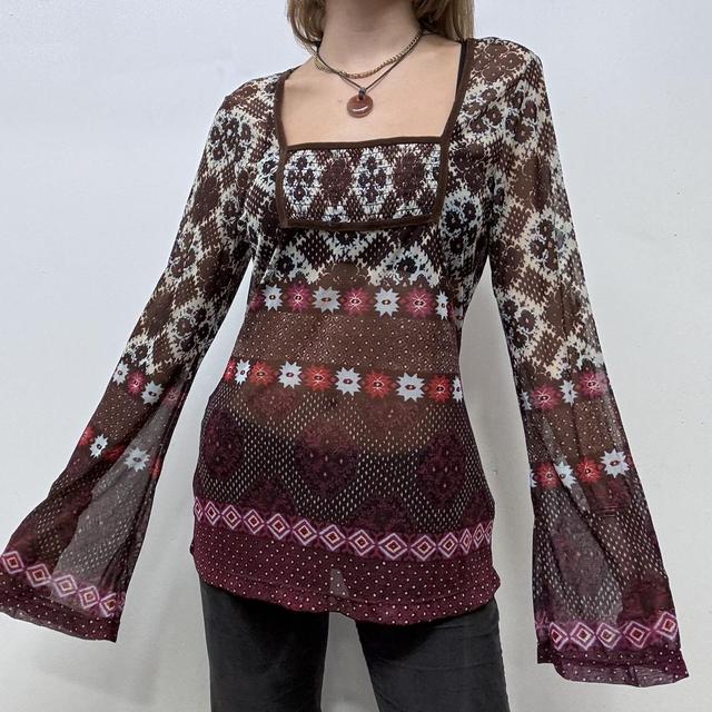Boho flared brown micro mesh top