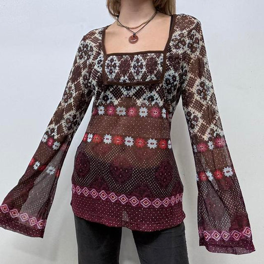 Boho flared brown micro mesh top
