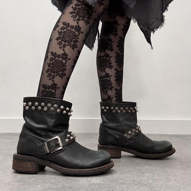 Black leather punk studded boots