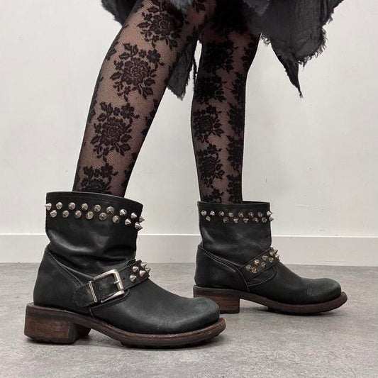 Black leather punk studded boots