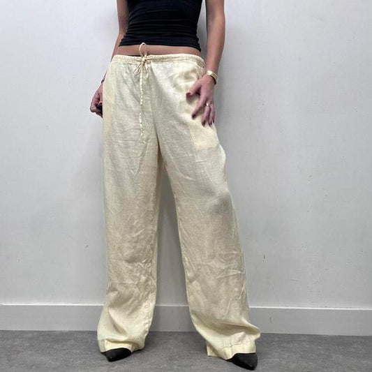 Lemon yellow wide leg linen trousers