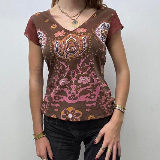 Y2k Paisley printed brown baby tee