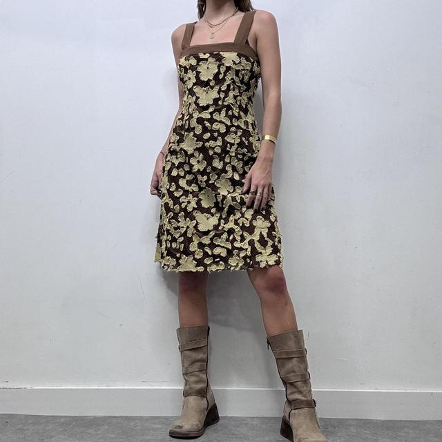 Brown flower distressed frayed midi dress