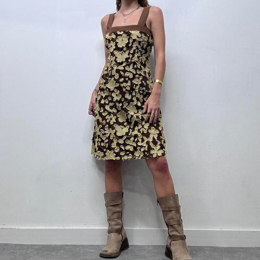 Brown flower distressed frayed midi dress
