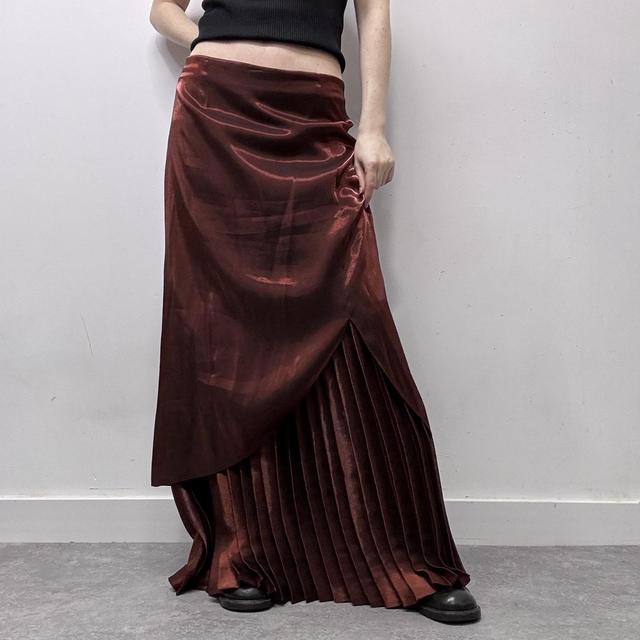 Red layered pleated maxi skirt
